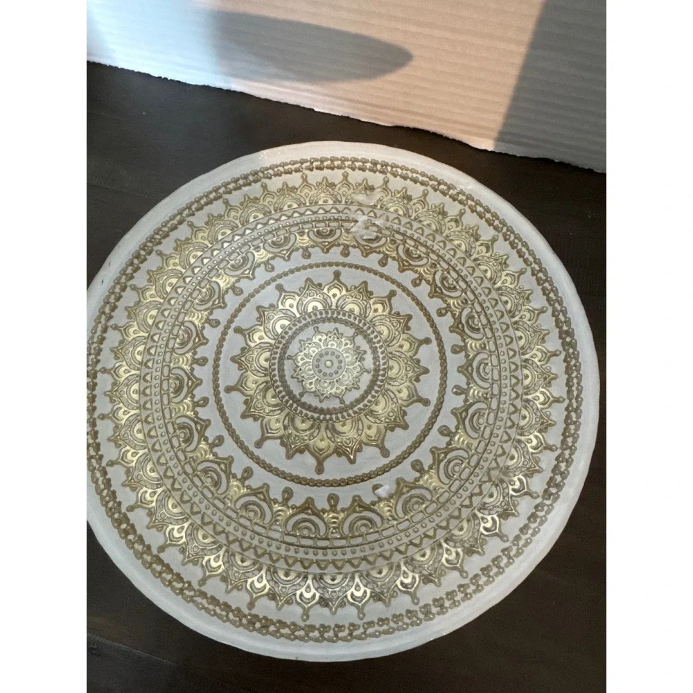 Gold Mandala Filigree Glass Cake Stand Round Clear Pedestal Dessert Plate 8in